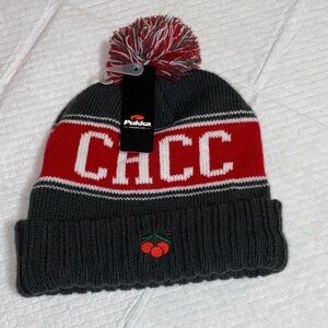 PUKKA CHCC Pom-Pom Beanie - Red and Gray EMBROIDERED CHERRIES one size